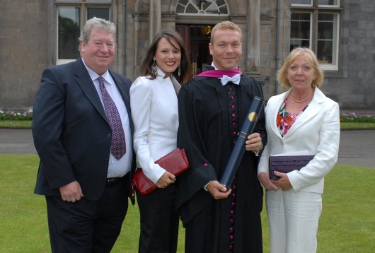Sir Chris Hoy with his parents David and Carol Hoy, and fiancee Sarra Kemp. 